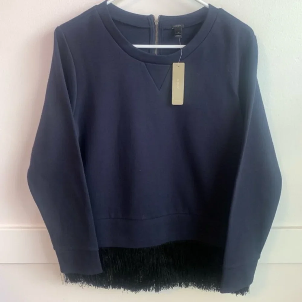 NWT J. Crew Navy & Black Fringe Bottom Sweatshirt
